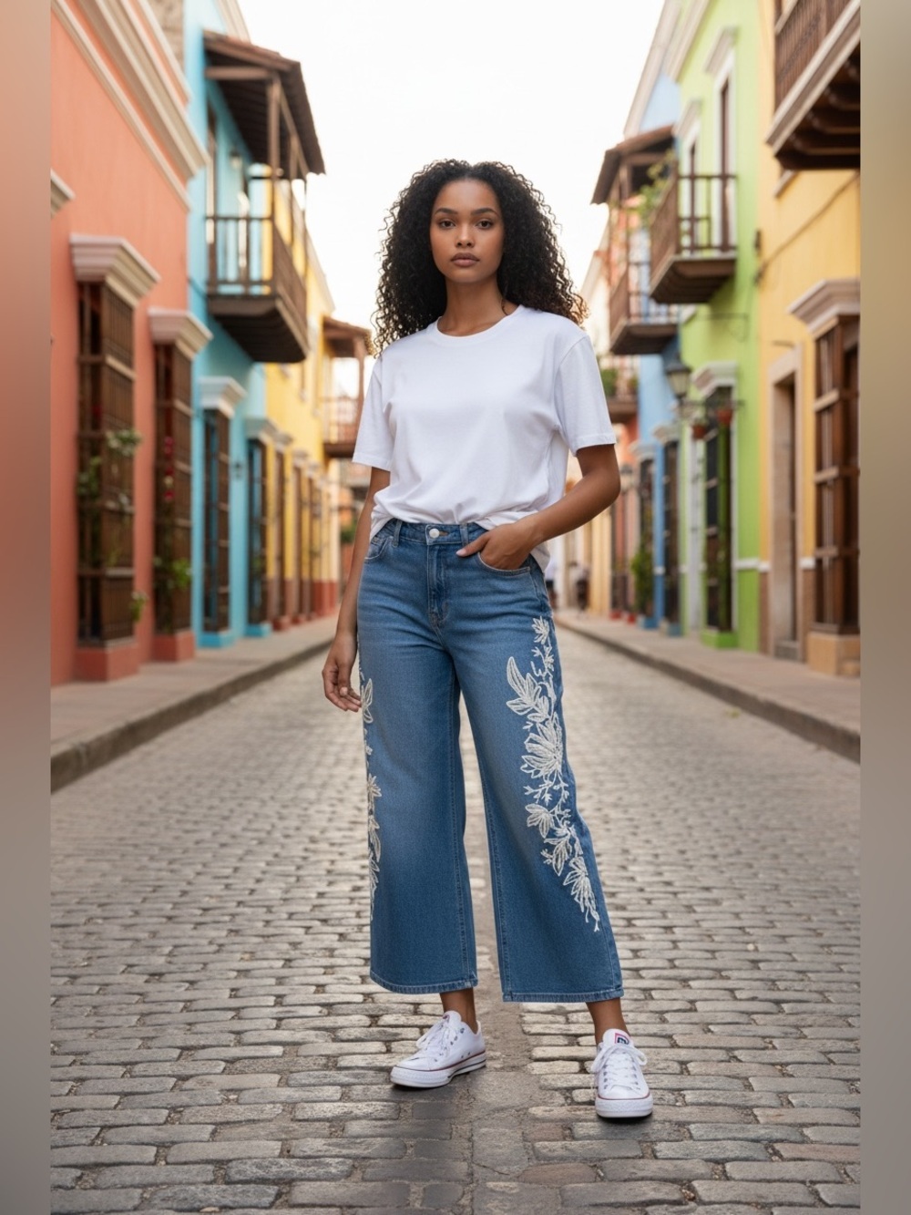 Tribal Blue Cropped Jeans with White Floral Embroidery